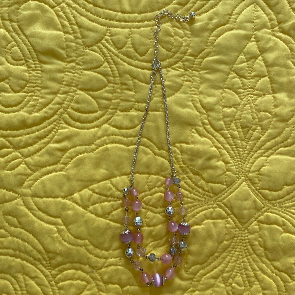 Silver Tone Necklace with Pink, Silver and Crystal Beads